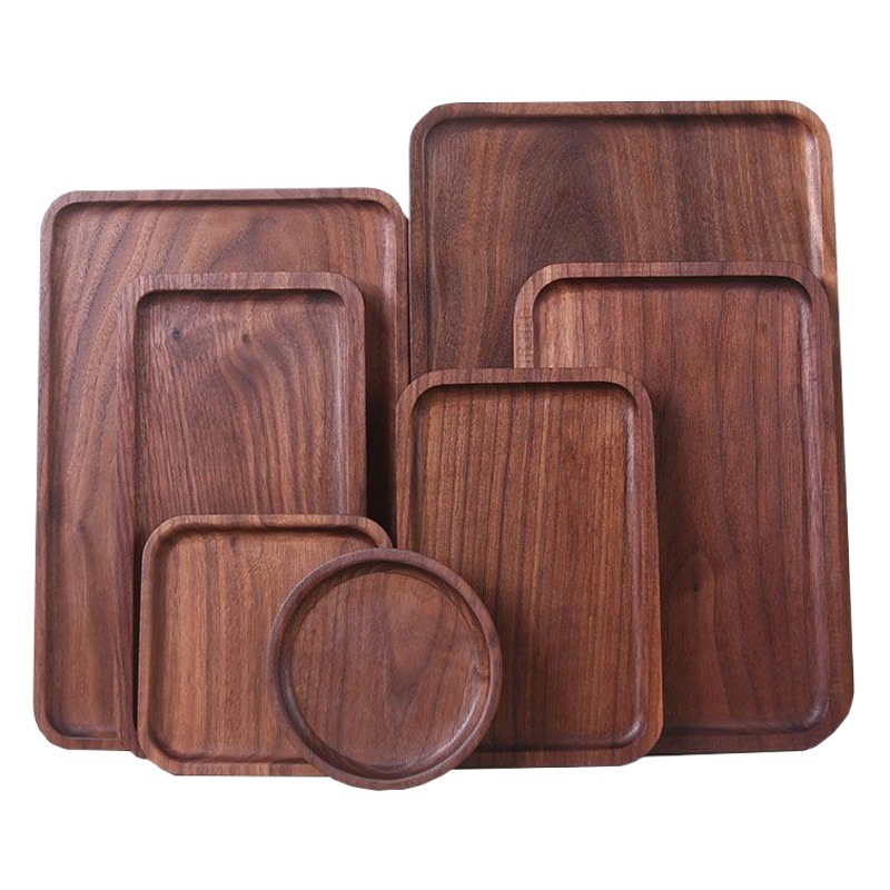 Bandeja de plato de madera nogal negro rectangular comida occidental fruta pizza plato de madera bandeja de madera maciza sin pintar
