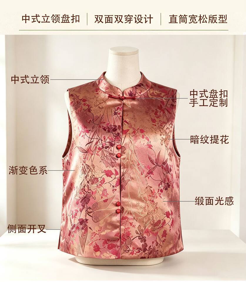 Áo gile không tay dệt jacquard họa tiết nổi, dáng rộng, mặc được hai mặt, dài áo 50–65 cm — Lá phong thu + lá vàng thu, mặc được hai mặt, Lá phong đỏ + lá phong thu, mặc được hai mặt, Lá vàng mùa thu + lá phong đỏ, mặc được hai mặt, Đỏ rực + Xanh ô liu, mặc được hai mặt chi tiết 5