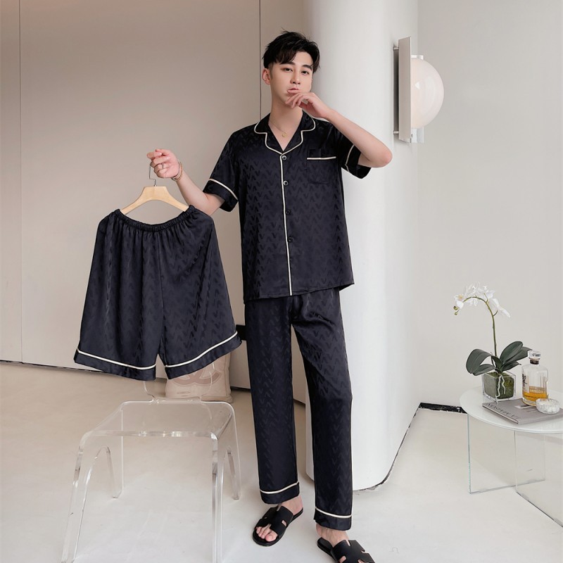 New Pajamas Men's Summer Ice Silk Thin V-shaped Jacquard Three-piece Casual Home Clothes Internet Celebrity Outer Wear