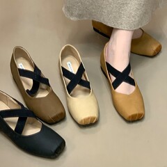 软皮版~复古交叉带芭蕾舞鞋2025年秋季新款内增高方头浅口单鞋女