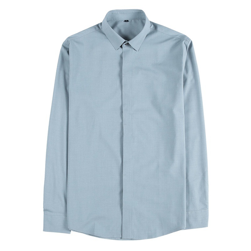 Botón oculto camisa de manga larga de los hombres de negocios casual moda guapo de gama alta de los hombres no planchar camisa delgada adhesivo transparente Luz de lujo azul