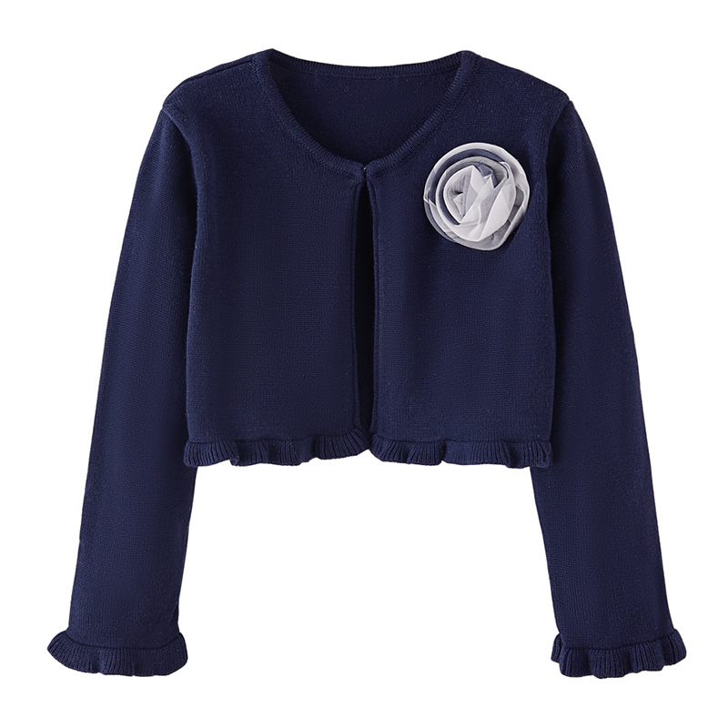 Cardigan en tricot à dentelle florale pour filles et mères – Pull en coton doux pour le printemps et l'automne pour tout-petits et enfants (3-8 ans, 100-140 cm) – Bleu marine et rose_voghion.com