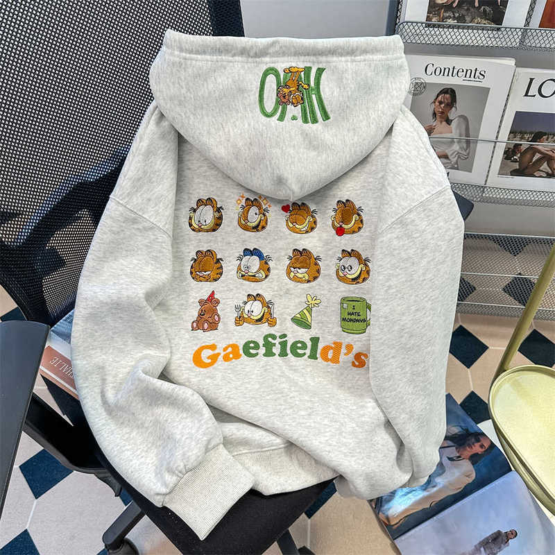 American Style Lazy Trendy Garfield Embroidered Sweatshirt for Women, Autumn Unique Chic Oversized Hooded Jacket American Style Lazy Trendy Garfield Embroidered Sweatshirt for Women, Autumn Unique Chic Oversized Hooded Jacket