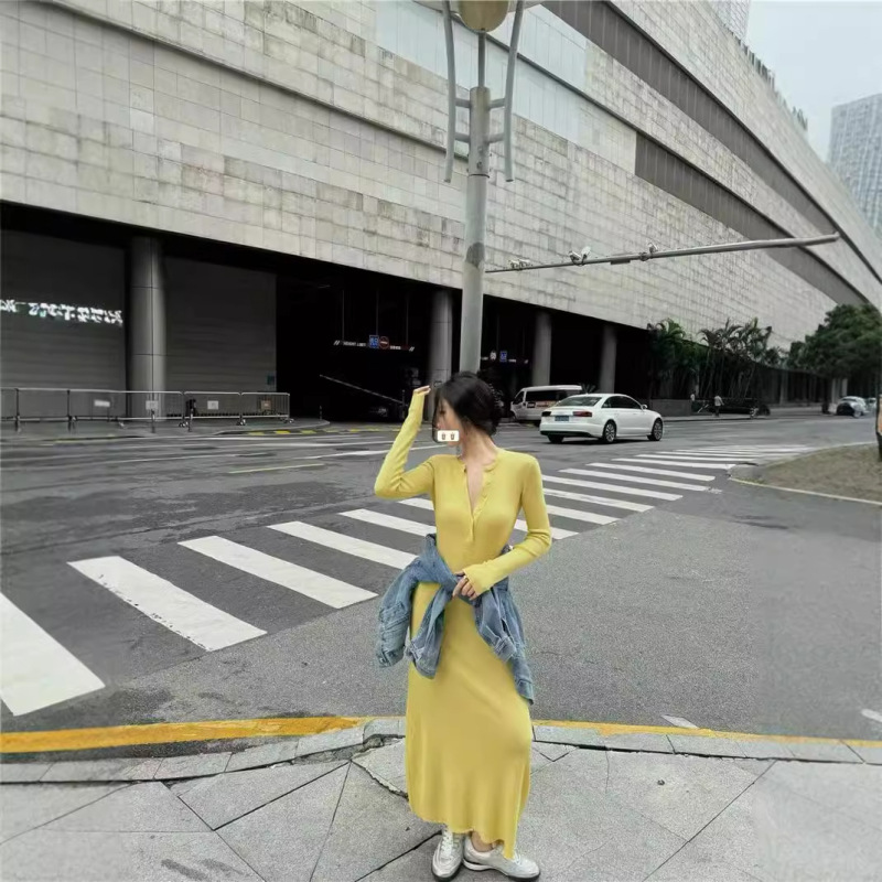 韓国版黄色の修身長袖ニットワンピース女性秋のタイトな雰囲気のロングスカート|undefined