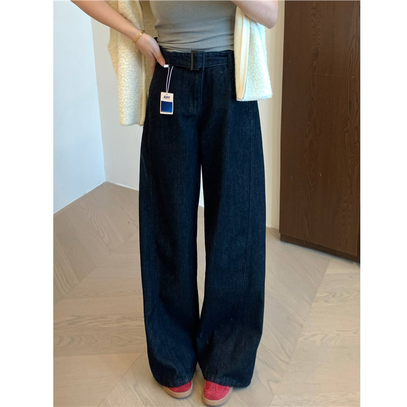 Spring is not too late designer style good fabric good brushed slimming primary color belt straight leg jeans autumn and winter