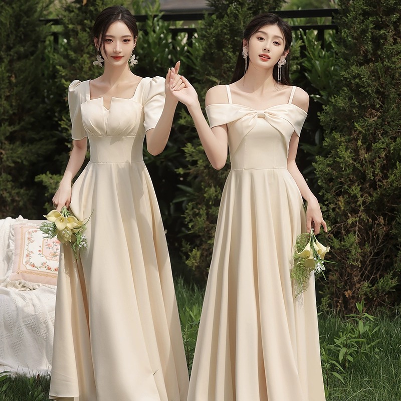 Bridesmaid Dress Champagne Color Satin 2025 Winter New Style Plus Size Mid-Length Niche Fairy Sister Dress Performance Dress for Women