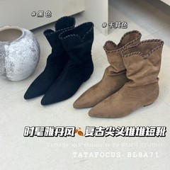 2025年新款网红爆款复古绒面尖头低跟皱褶中筒时装靴休闲西部女靴