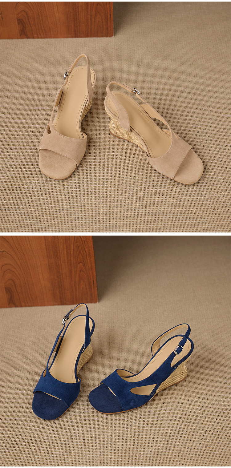 Sandal cao gót nữ mũi nhọn hở ngón, gót nêm đan rơm 8 cm, quai hậu buộc dây — xanh lam, màu mơ chi tiết 13