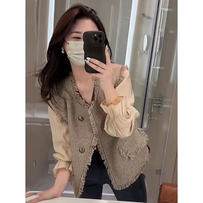 All-matching elegant woven vest women's autumn Korean style retro tassel Chanel style tweed outer wear vest coat fashion