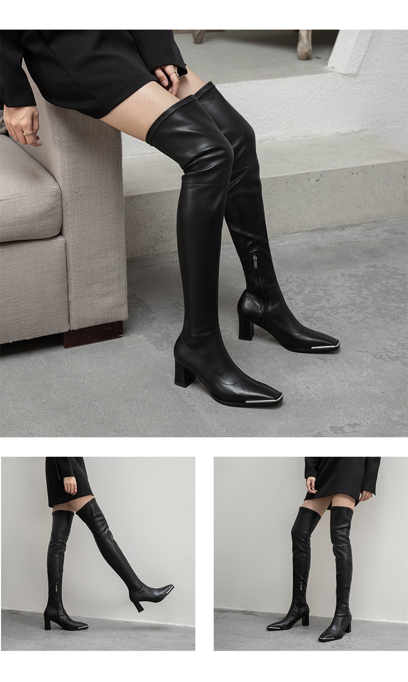 Boot nữ cổ cao quá gối da sáng chế mũi vuông kim loại gót vuông ôm chân co giãn — Lớp lót bằng da sáng chế màu đen chi tiết 19