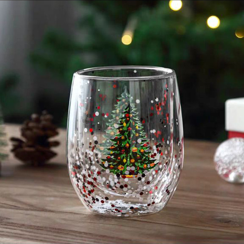 Taza navideña transparente para árbol de Navidad, taza de vidrio de doble capa, regalo creativo, taza navideña de vidrio de borosilicato alto, taza navideña creativa