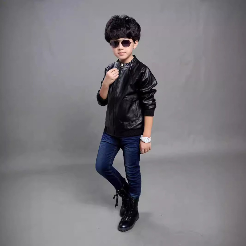 Boys' cuhk cross-border PU jacket motorcycle leather 100-160 children's jacket leather