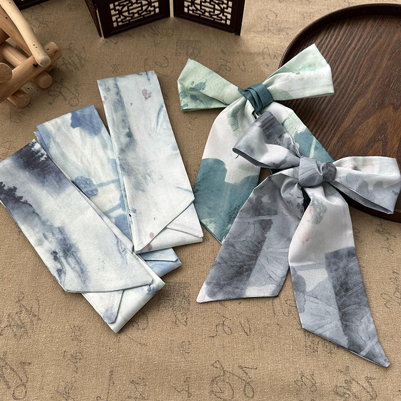 Bufandas de seda largas mujeres dibujo de hoja de bambú estilo antiguo chino nuevo cinturón de cabello adornamiento de cabello pintura de tinta de estilo chino correa bufandas cinturón