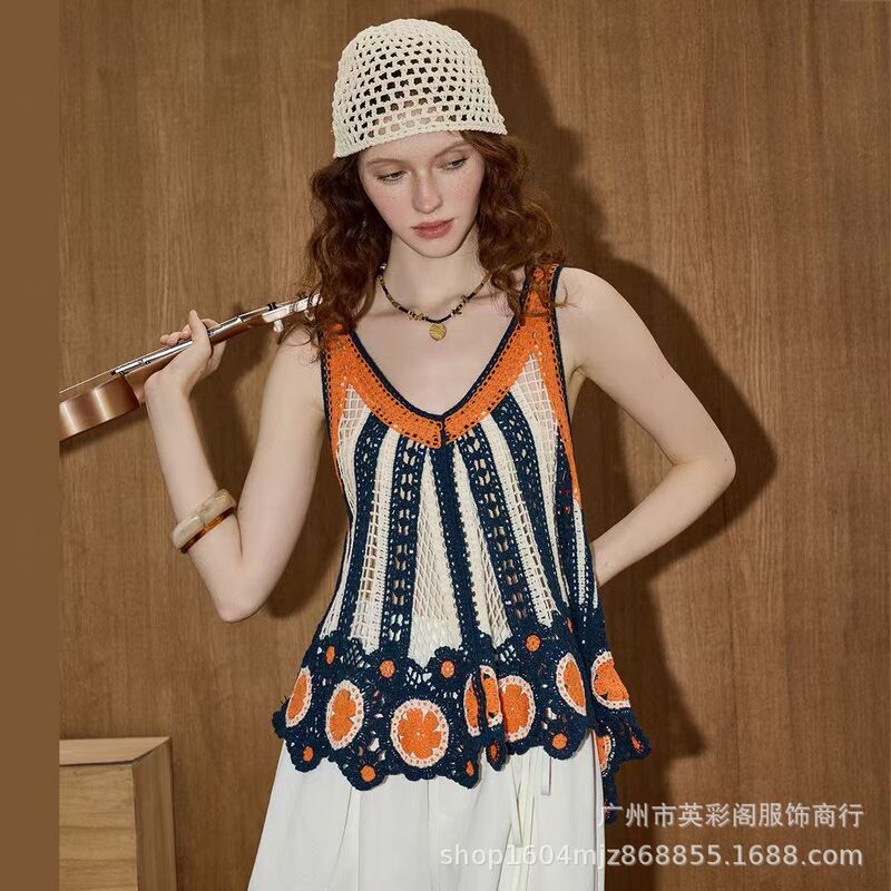 Sweet Holiday Style Hollow Knitted Camisole Women's Outer Wear Summer Unique and Stylish Beautiful Shirt Sleeveless Top
