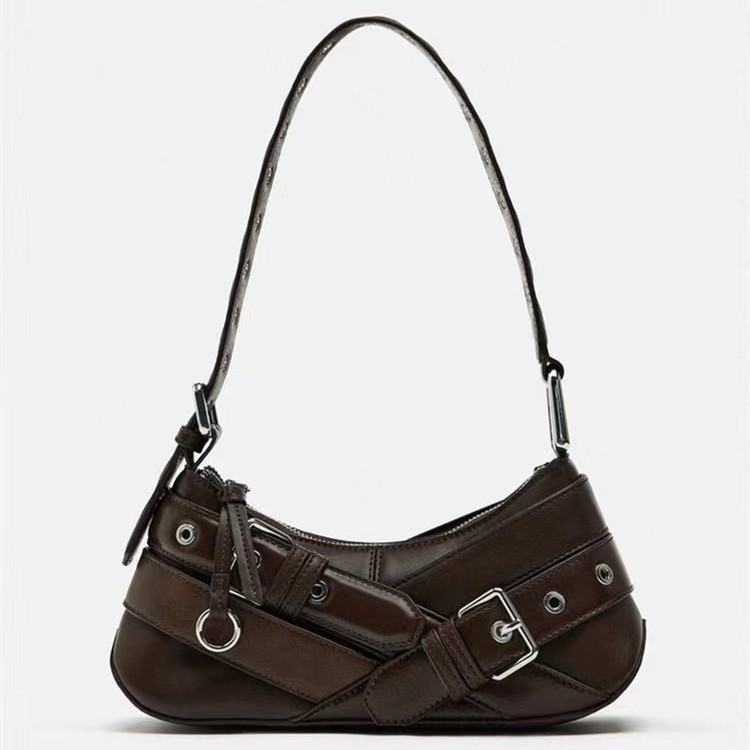 Z-Brand Cross-Border Women's Bag 2025 New Original Niche Retro Black Hot Girl Motorcycle Shoulder Bag Underarm Baguette Bag - Thumbnail 4