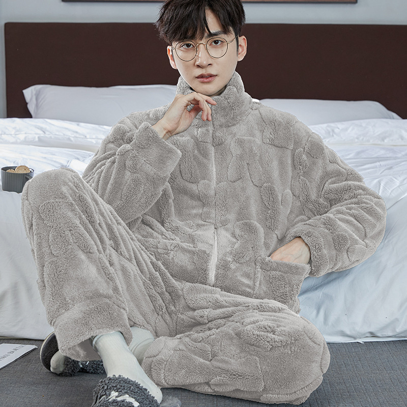 フランネルパジャマ男性は秋冬に保温襟ファスナーを厚くして長袖コーラルベルベットの住宅服カーディガンを厚くした