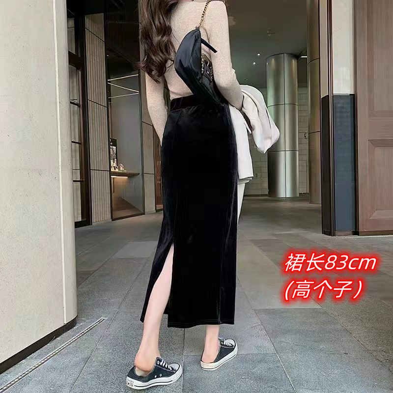 金丝绒a字半身裙女秋冬新款韩版高腰显瘦百搭包臀开叉过膝一步裙|undefined