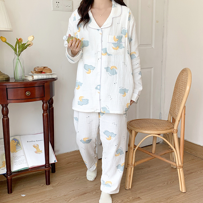 Chất liệu cotton cộng với phân bón cộng với 220 kg vải Crepe gạc hai lớp quần áo giam giữ đồ ngủ cho bà bầu Bộ đồ cho con bú mùa xuân và mùa hè