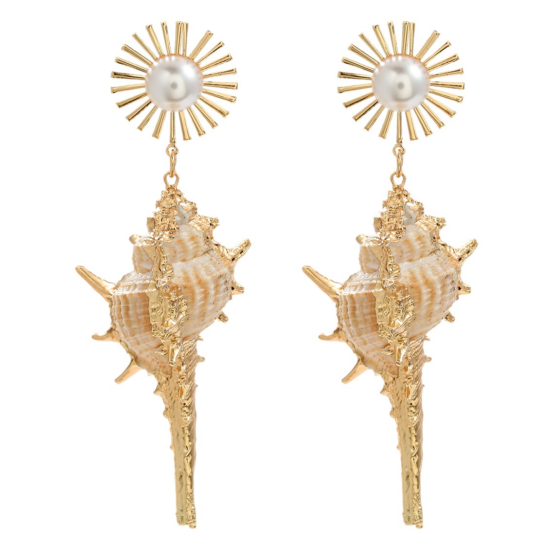 Otoño nuevos pendientes de concha europea y americana exagerada pendientes de aleación femenina incrustaciones de perlas girasol bohemio estilo joyería