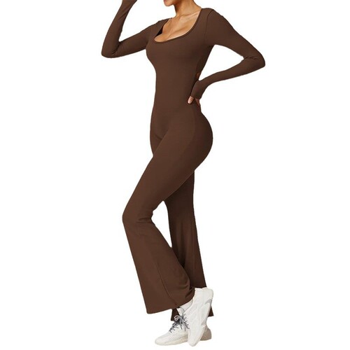 Women's Cross-Border European and American 2025 Autumn New Solid Color Tapered Hip Bodysuit with Long Sleeve Backless Sports Yoga Wear