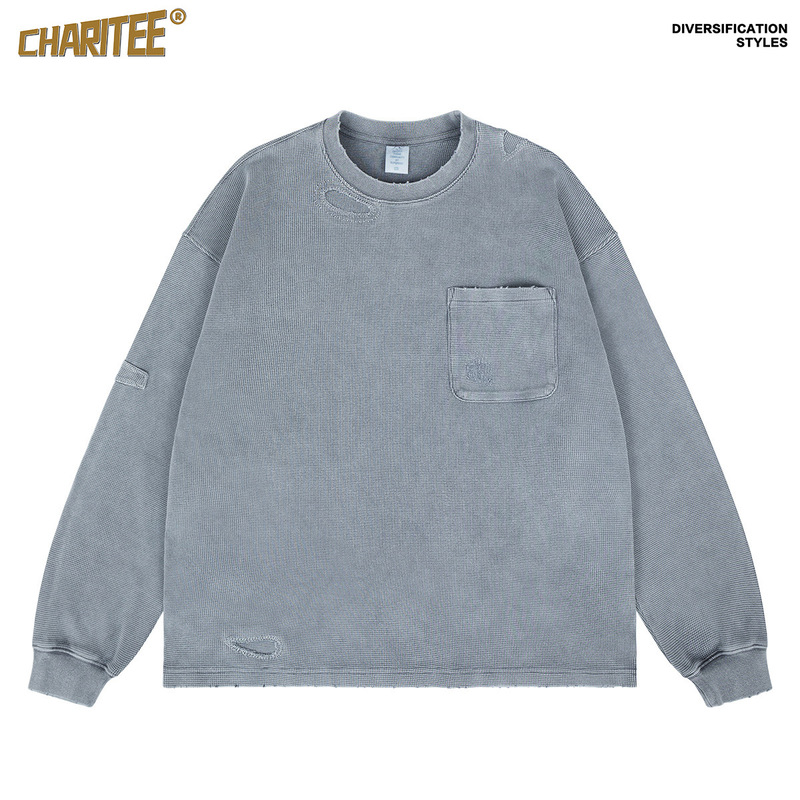 Waffle-Style New Trendy Brand Washed Vintage Distressed Round-Neck Loose Long-Sleeve Hoodie Sweatshirt for Men