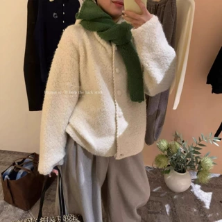 韩代甜系加厚圈圈纱连帽毛衣开衫女冬季新款宽松外套