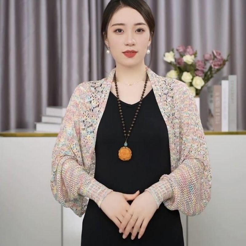 新型韓国版百合サテンカラー透かし彫り長袖ストール女性夏氷糸エアコンルームストール頚椎カーディガン肩|undefined