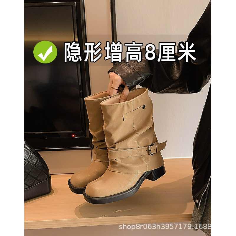 Women's 2025 New Autumn and Winter Platform Martin Boots with Square Toe, Retro Fold-Over Stacked Cuff Short Boots for Petite Individuals