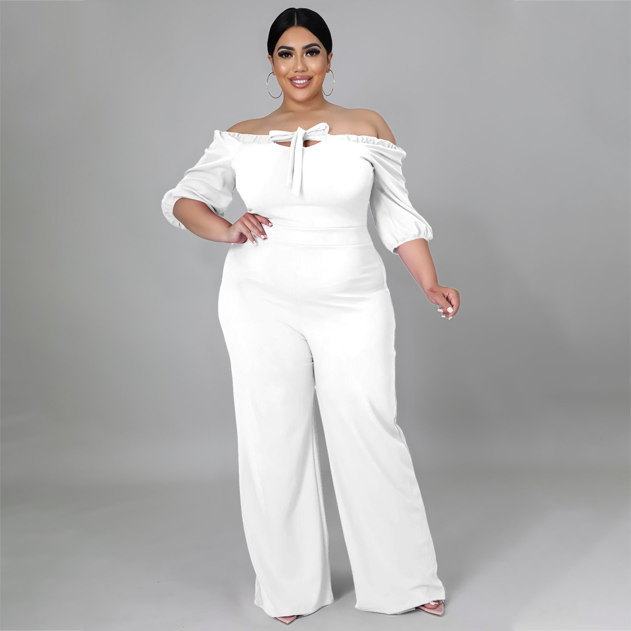 plus size one-word collar short sleeve lace-up wide-leg solid color jumpsuit NSLNW122661