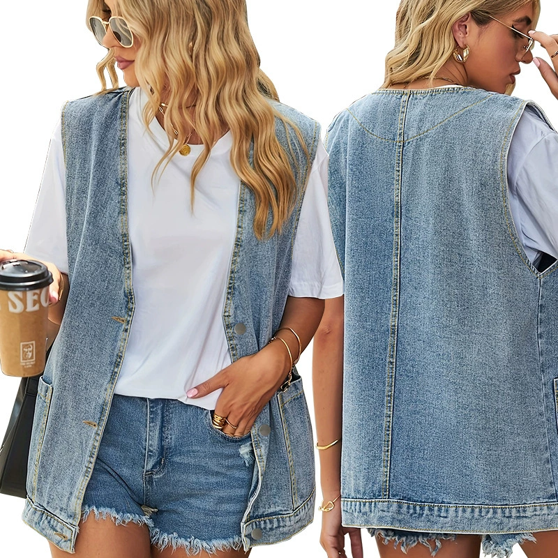 218713 Трансграничная женская одежда больших размеров, свободная версия, брюки с большими карманами, джинсовый жилет, летний жилет, куртка без рукавов, прямая продажа