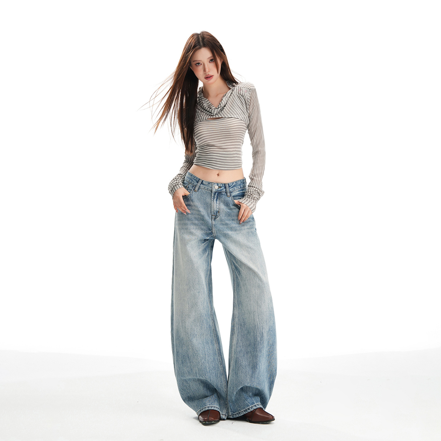 Women’s High-Waisted Straight-Leg Jeans – Vintage Washed Blue Wide-Leg Denim Pants With Flowy Silhouette_voghion.com