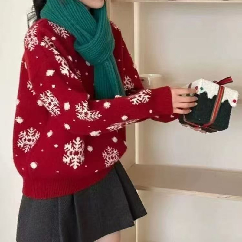 Korean Style Christmas Snowflake Pullover Sweater for Women Autumn and Winter New Lazy Style Warm Knitted Bottoming Sweater Trendy