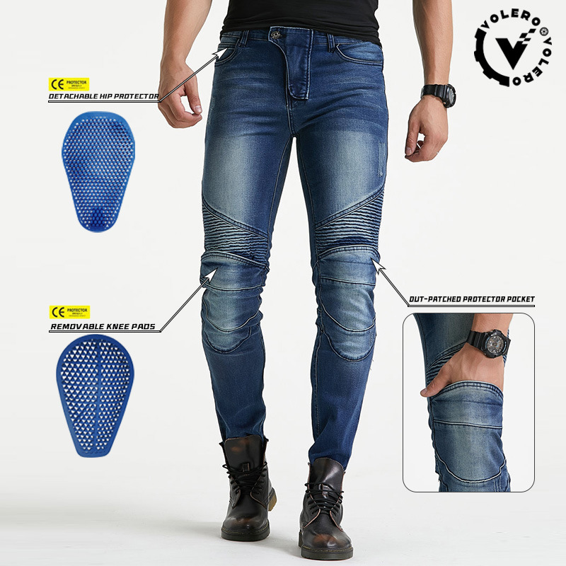Pantalones vaqueros de la motocicleta VOLERO pantalones anti-caída de la motocicleta de los hombres y de las mujeres pantalones de montar Delgado Caballero equipo de protección de silicona