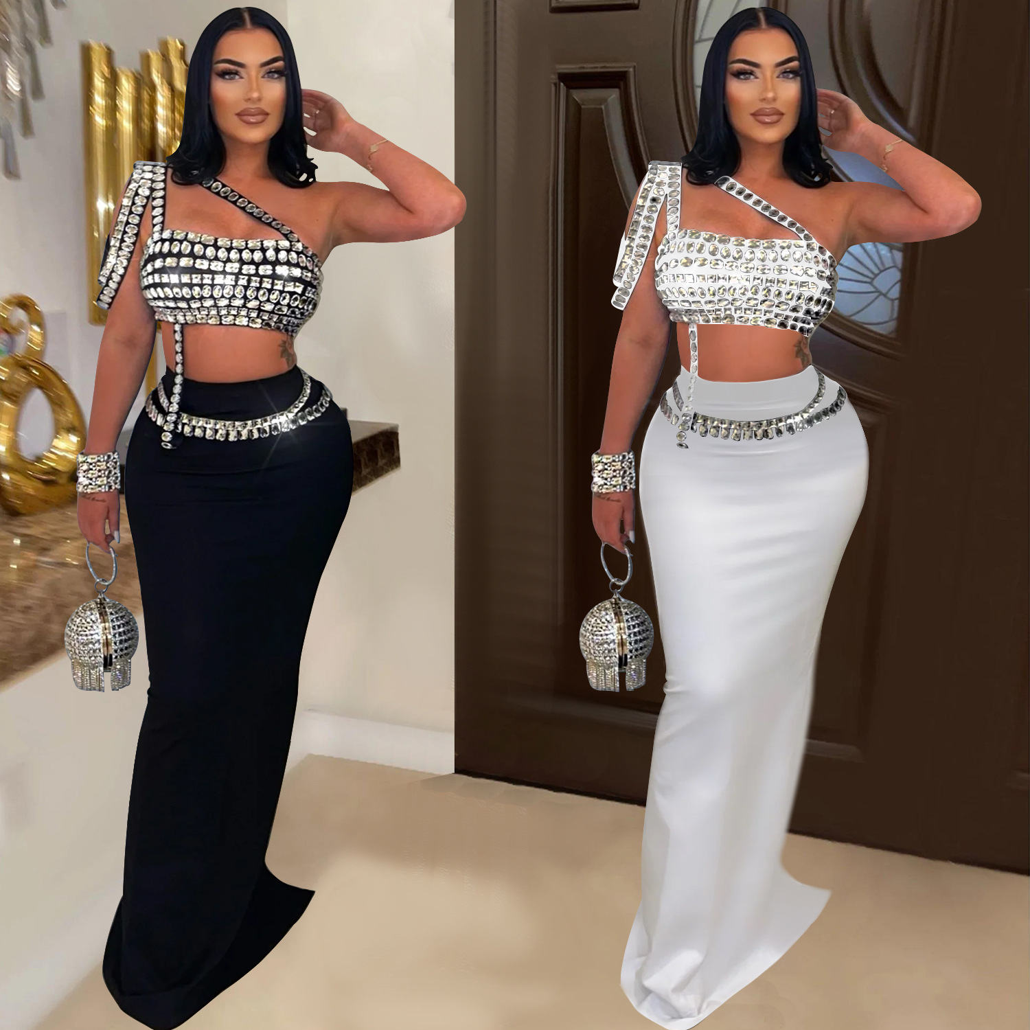 C6972 AliExpress transfronterizo Amazon estación independiente de moda europea y americana ropa de mujer nueva cinturón corta mitad de falda de diamante caliente