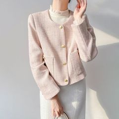 粉色小香风外套2025法式高级新款气质名媛长袖短款圆领上衣