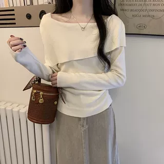 韩系设计感一字肩舒适百搭上衣女气质修身洋气辣妹上衣针织小衫女