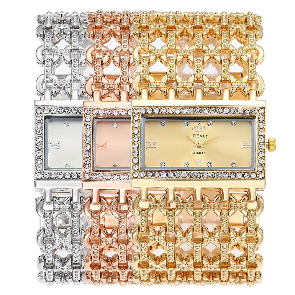 Hot-selling Light Luxury Diamond-encrusted Ladies Bracelet Wristwatch Distinctive Square Dial Hollow Bracelet Quartz Watch Women