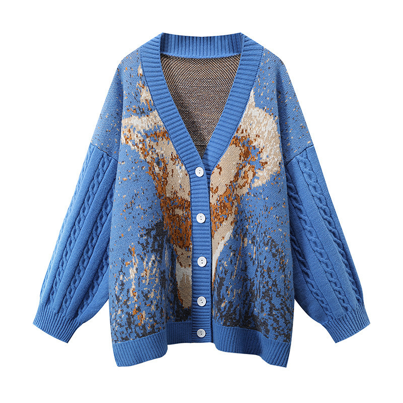 Shitijia 2024 Retro Cardigan V-Neck Jacket Van Gogh Art Painted Oil Painting Style Sweater Women's Sweater