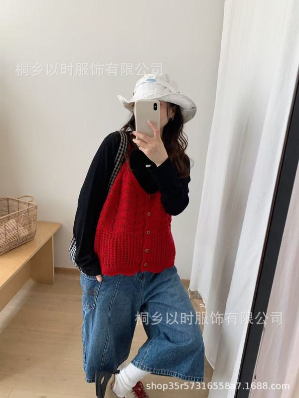 以时 韩系早秋新品得穿针织吊带 减龄设计感镂空羊毛混纺针织背心|undefined