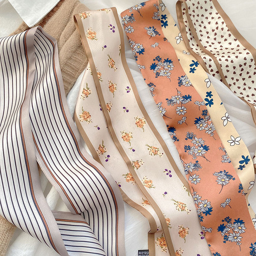 A white-bright coffee color floral silk scarf, long and narrow, small and versatile, suitable for tying a ponytail in a braided style, a floating hairband.