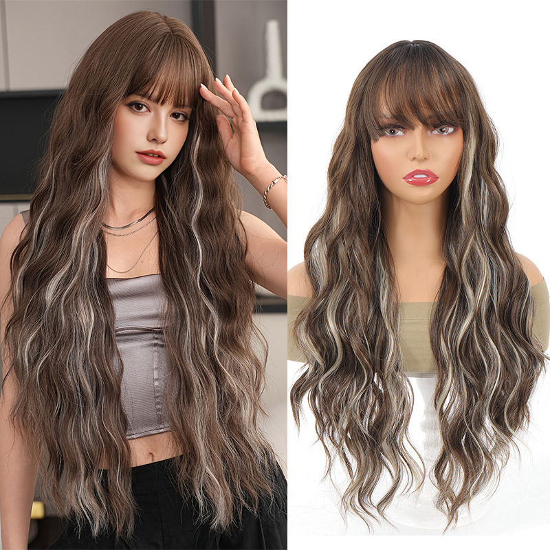 Long Curly Wig for Women with Big Waves, Bangs, and Highlights, European and American Style Synthetic Wig, Amazon Wig