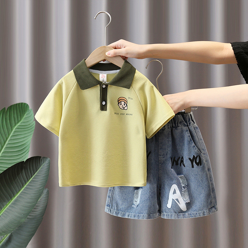 7427 Traje de verano para niños 2025 Nuevo vestido de verano para niños Camisa polo de manga corta de dos piezas Ropa delgada coreana