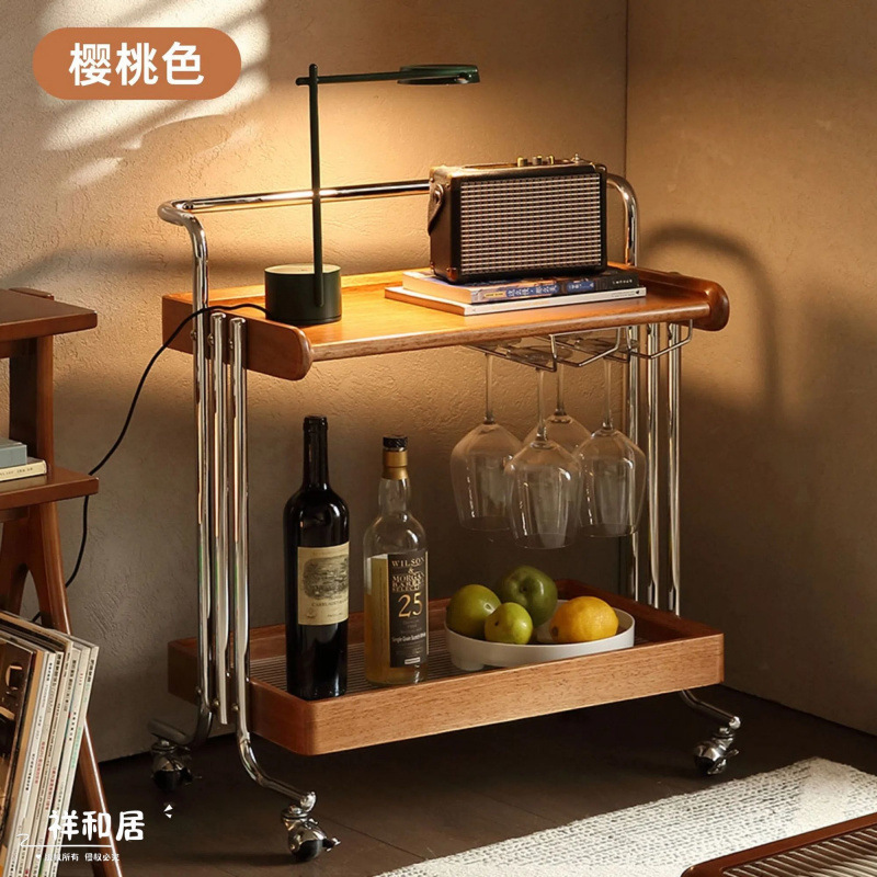 新款中古北欧小推车客厅轻奢实木小户型收纳茶几置物架家用餐车|undefined