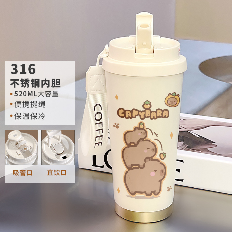 不锈钢内胆咖啡杯卡通有提绳带吸管保温杯女生可爱凯蒂便携随行杯|undefined