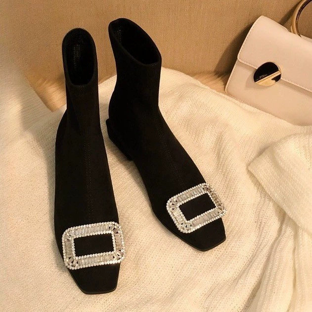 Квадратные пряжки со стразами эластичные сапоги женские туфли на низком каблуке толстые черные сапоги квадратные сапоги