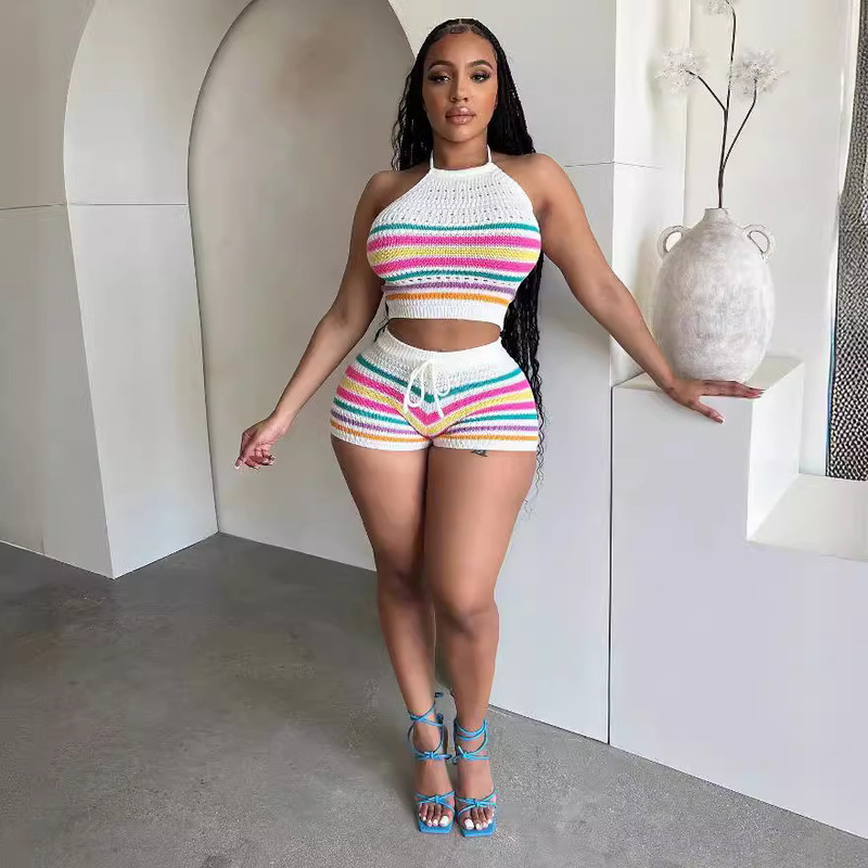 XT8157 cross-border European and American summer women's clothing new sweater fashion backless halter top hip tight pants suit XT8157 cross-border European and American summer women's clothing new sweater fashion backless halter top hip tight pants suit