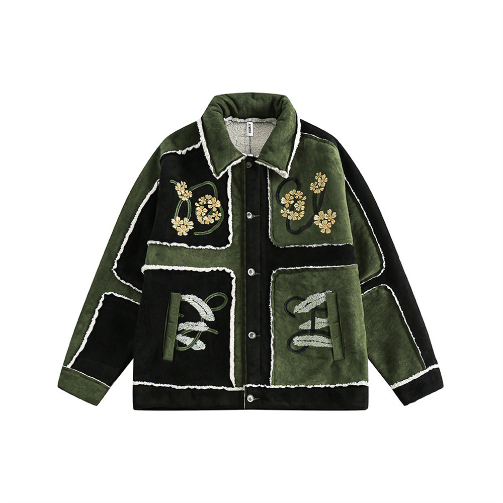 美式街头男士棉服男款翻领拼接刺绣棉衣潮牌宽松新款个性男生外套