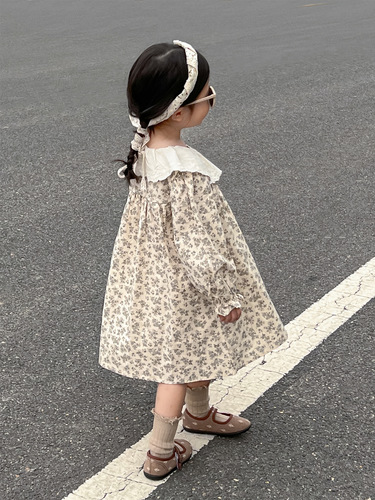 Korean Children's Clothing Girls Autumn and Winter Country Style Lace Ruffles Apricot Bottom Floral Puff Sleeve Princess Dress 