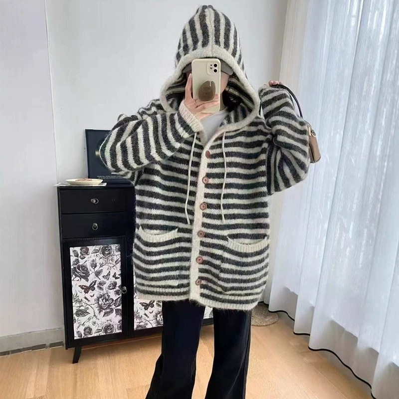 大版跨境外贸秋冬新款条纹连帽抽绳针织开衫外套女宽松慵懒风毛衣|undefined