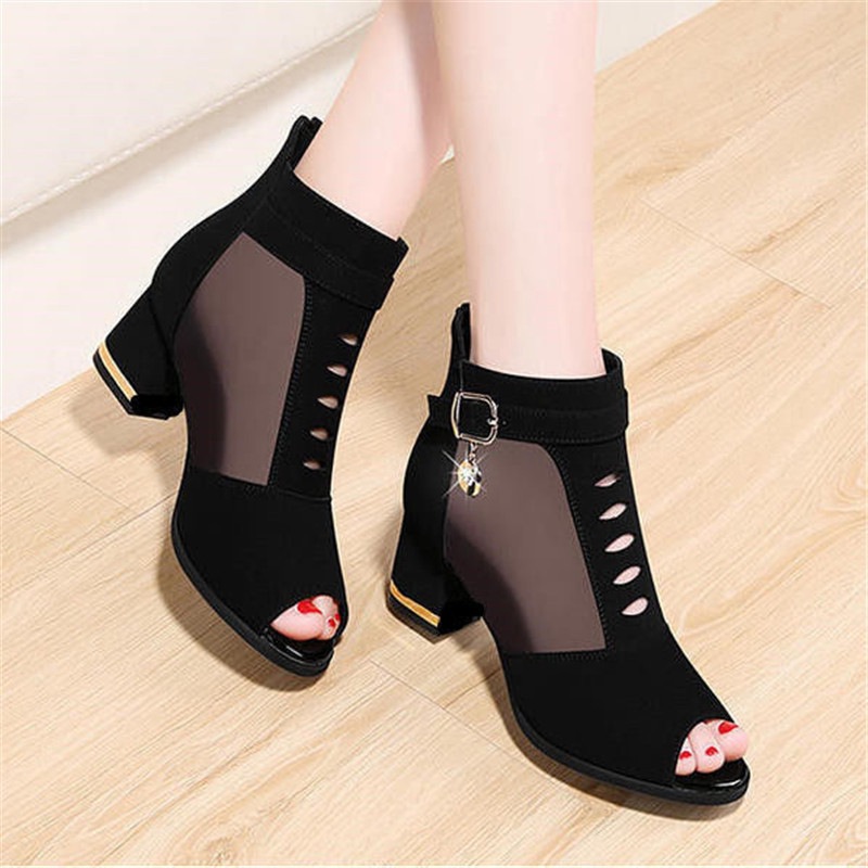 Fish Mouth Thick Heel Sandals for Women 2025 Summer New Style Rear Zipper Mesh High Heel Breathable Boots Large Size Fashion Boots